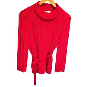 St. John Collection Red Knit Turtleneck Long Belted Sweater Sz S